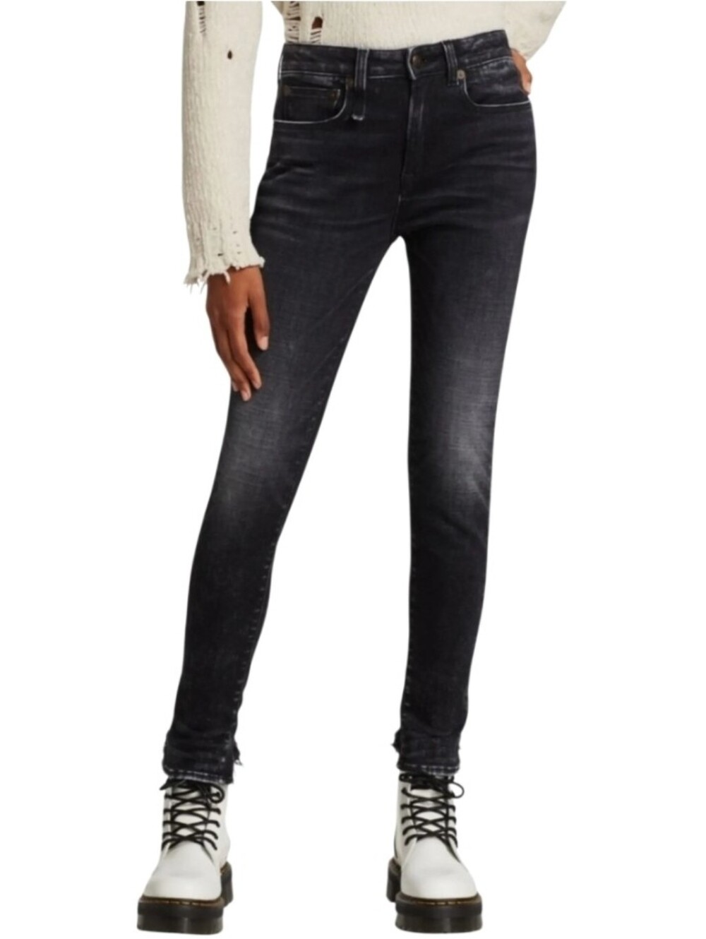 R13 Alison Mid-rise Skinny Jeans Ankle Length Distressed Hem Stretch Black 26